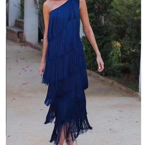 Nicoblu satin fringe dress. Well-made with great flow wedding worthy.